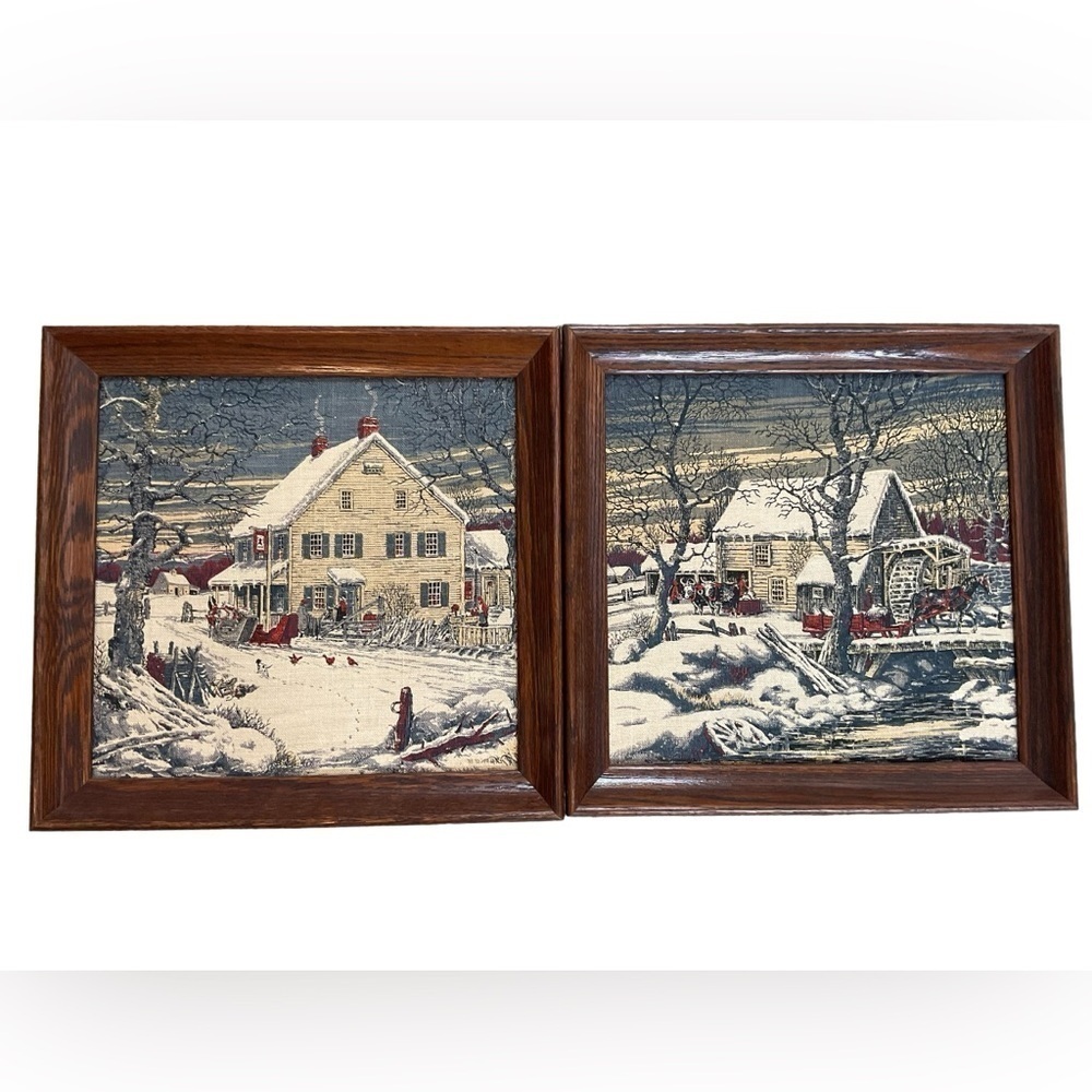 2 Kay 100% Linen Hand Prints Vintage Framed Artwork Winter Farmhouse Scenes